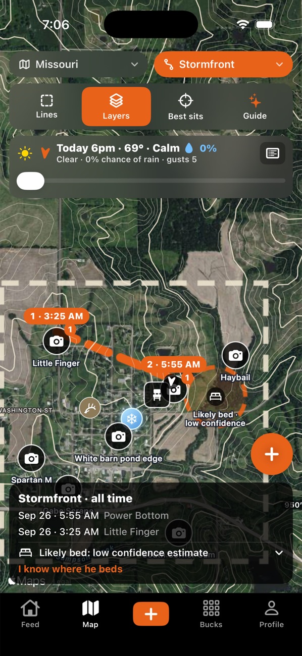 The Borrowed Tine map: cameras, stands, a buck's movement and elevation lines over satellite